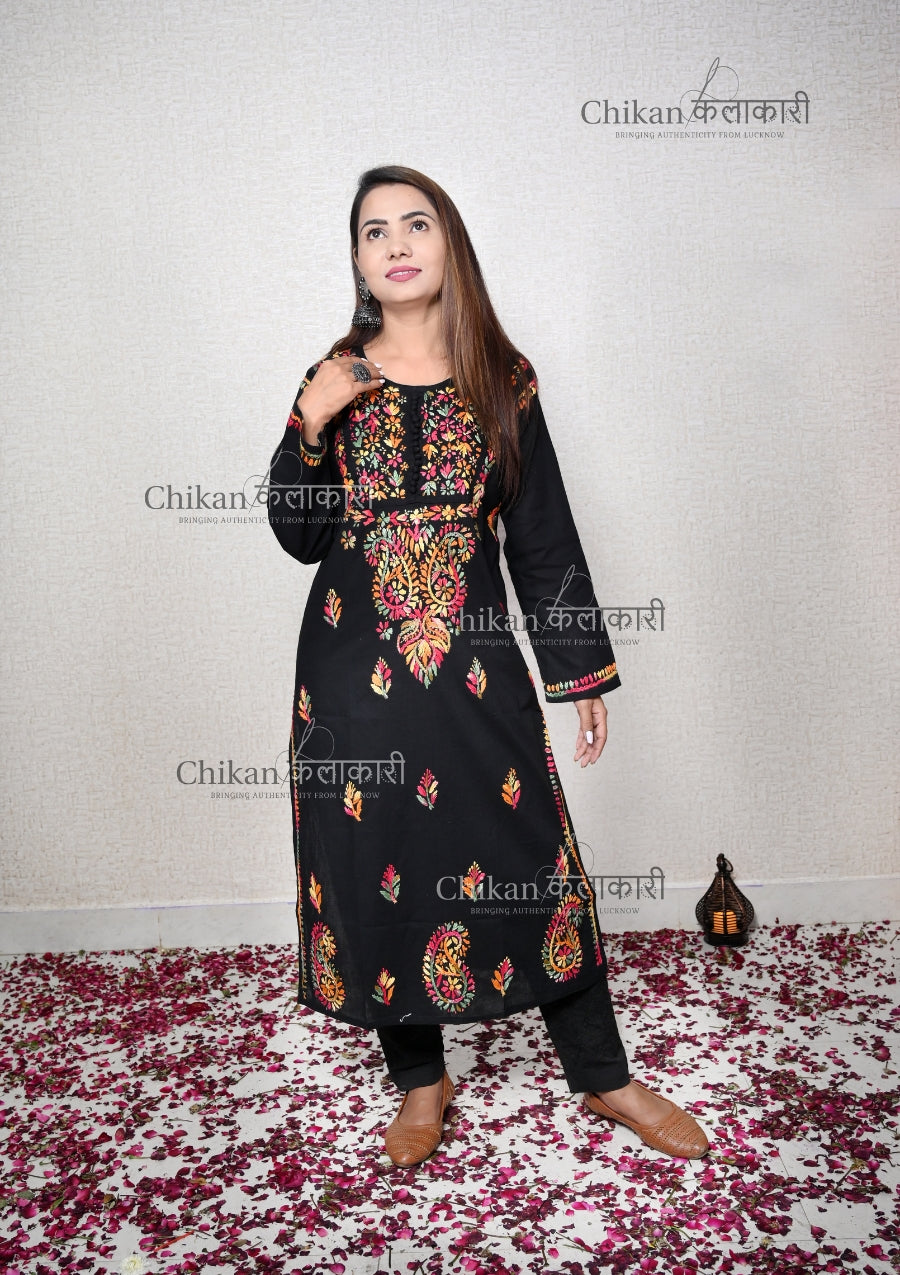 Trisha Cotton Black Chikankari Kurti | chikan curry kurti | lakhnavi kurti | lucknow chikan kurta | chikankari cotton kurtas