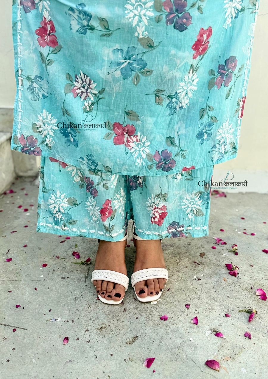 Vaani Mulmul Blue Chikankari Kurti Set