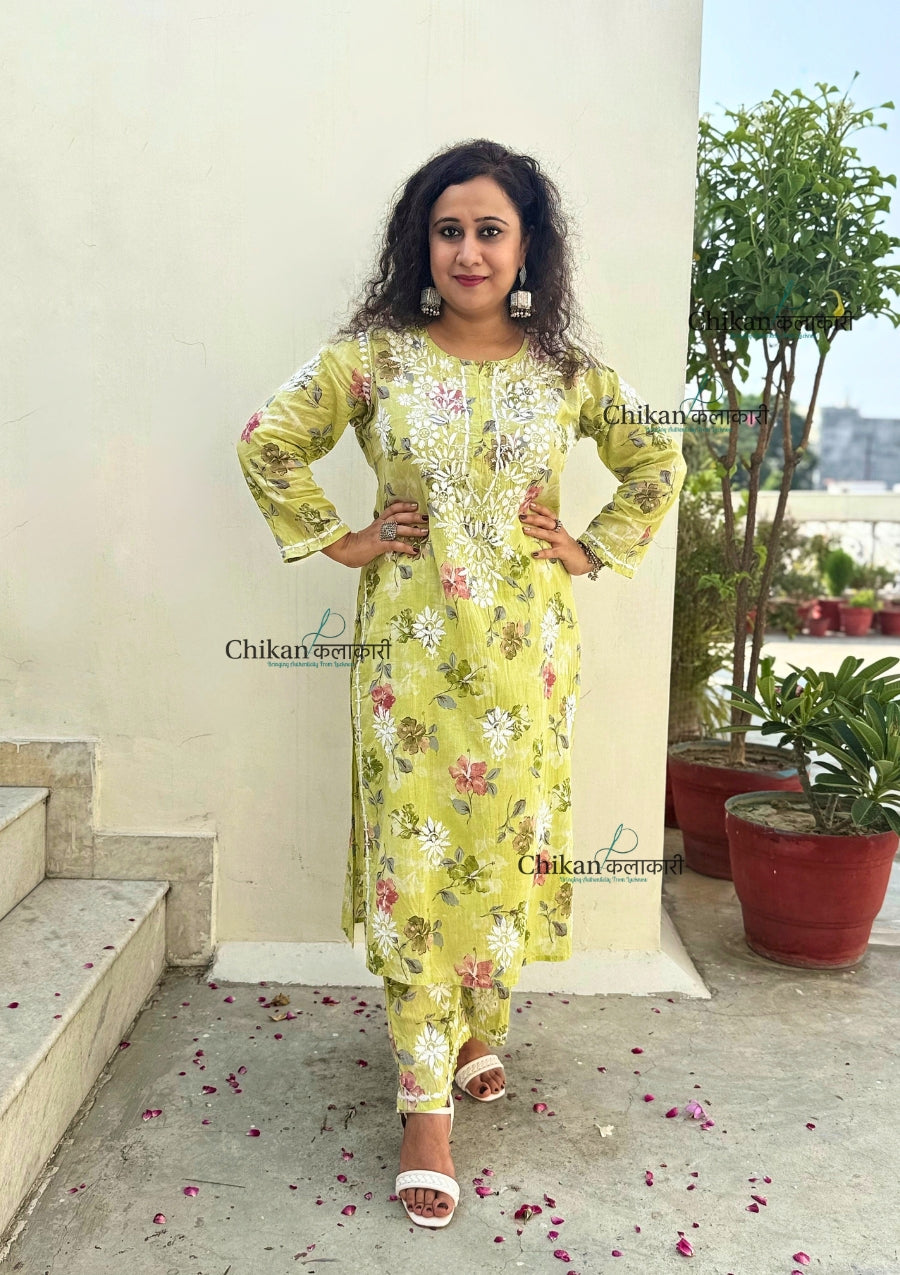 Vaani Mulmul Green Chikankari Kurti Set