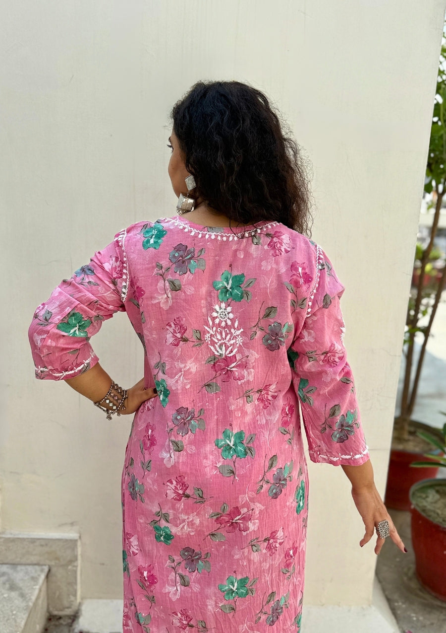 Vaani Mulmul Pink Chikankari Kurti Set