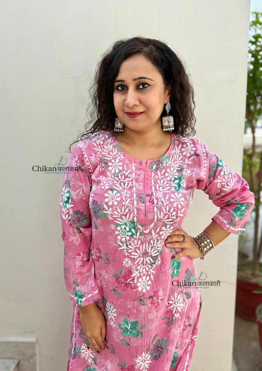 Vaani Mulmul Pink Chikankari Kurti Set