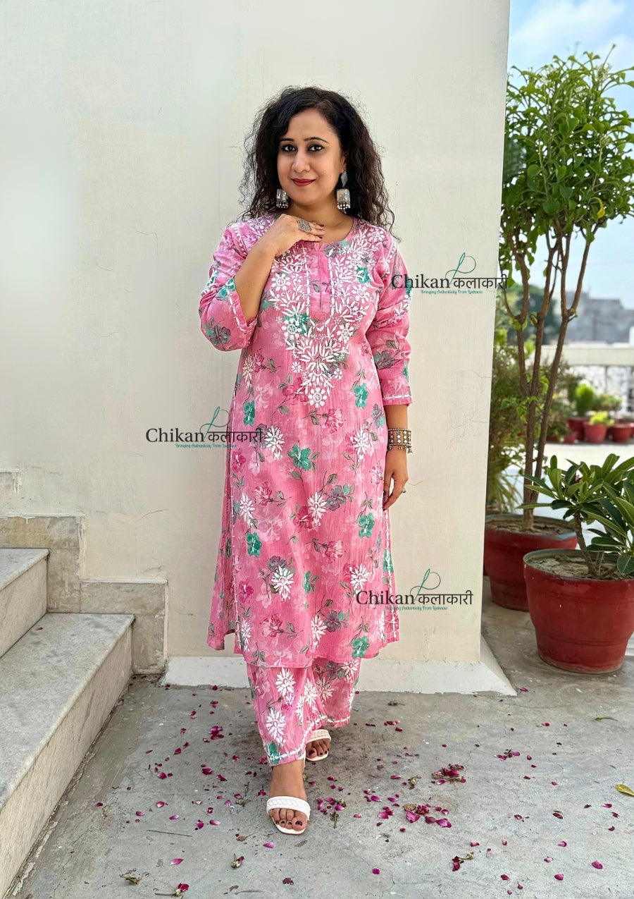 Vaani Mulmul Pink Chikankari Kurti Set