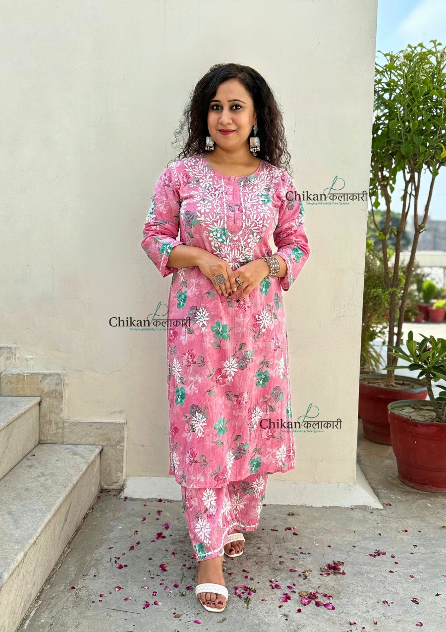 Vaani Mulmul Pink Chikankari Kurti Set