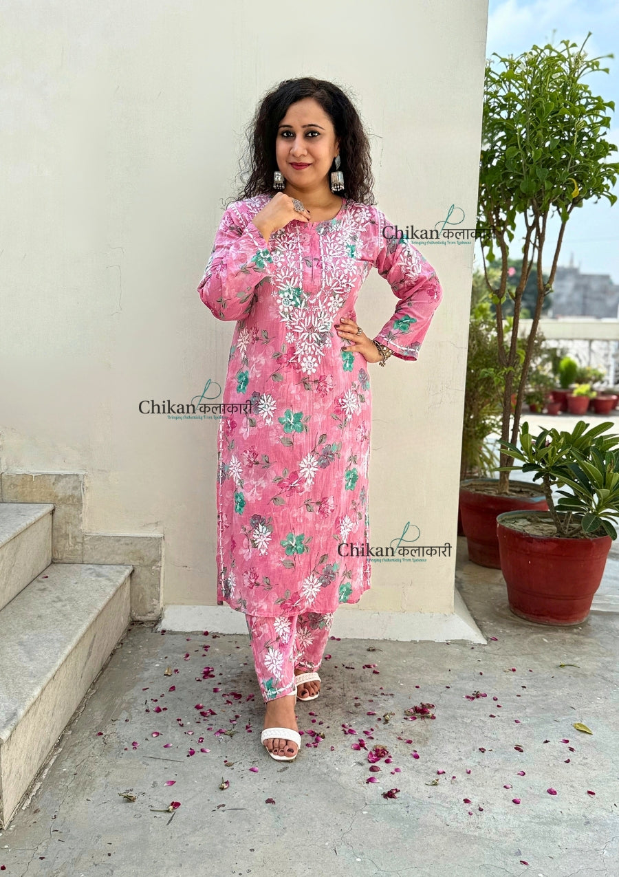 Vaani Mulmul Pink Chikankari Kurti Set