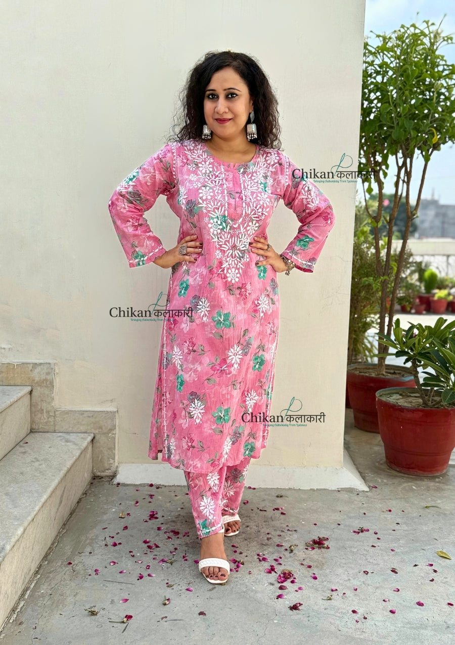 Vaani Mulmul Pink Chikankari Kurti Set