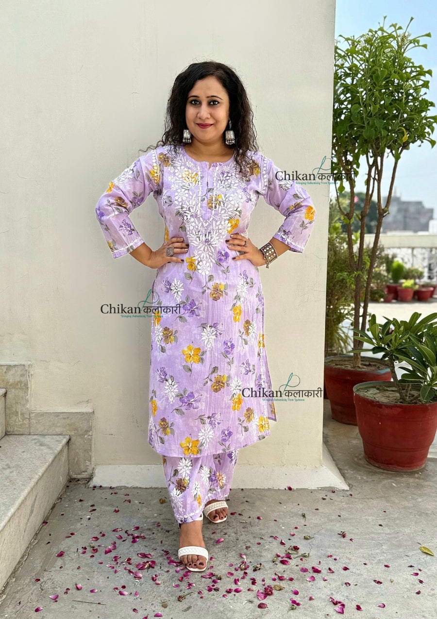 Vaani Mulmul Purple Chikankari Kurti Set