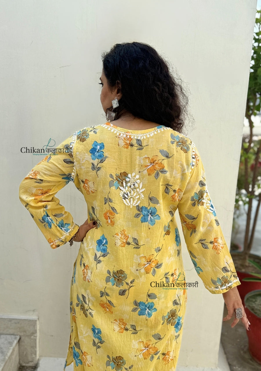 Vaani Mulmul Yellow Chikankari Kurti Set