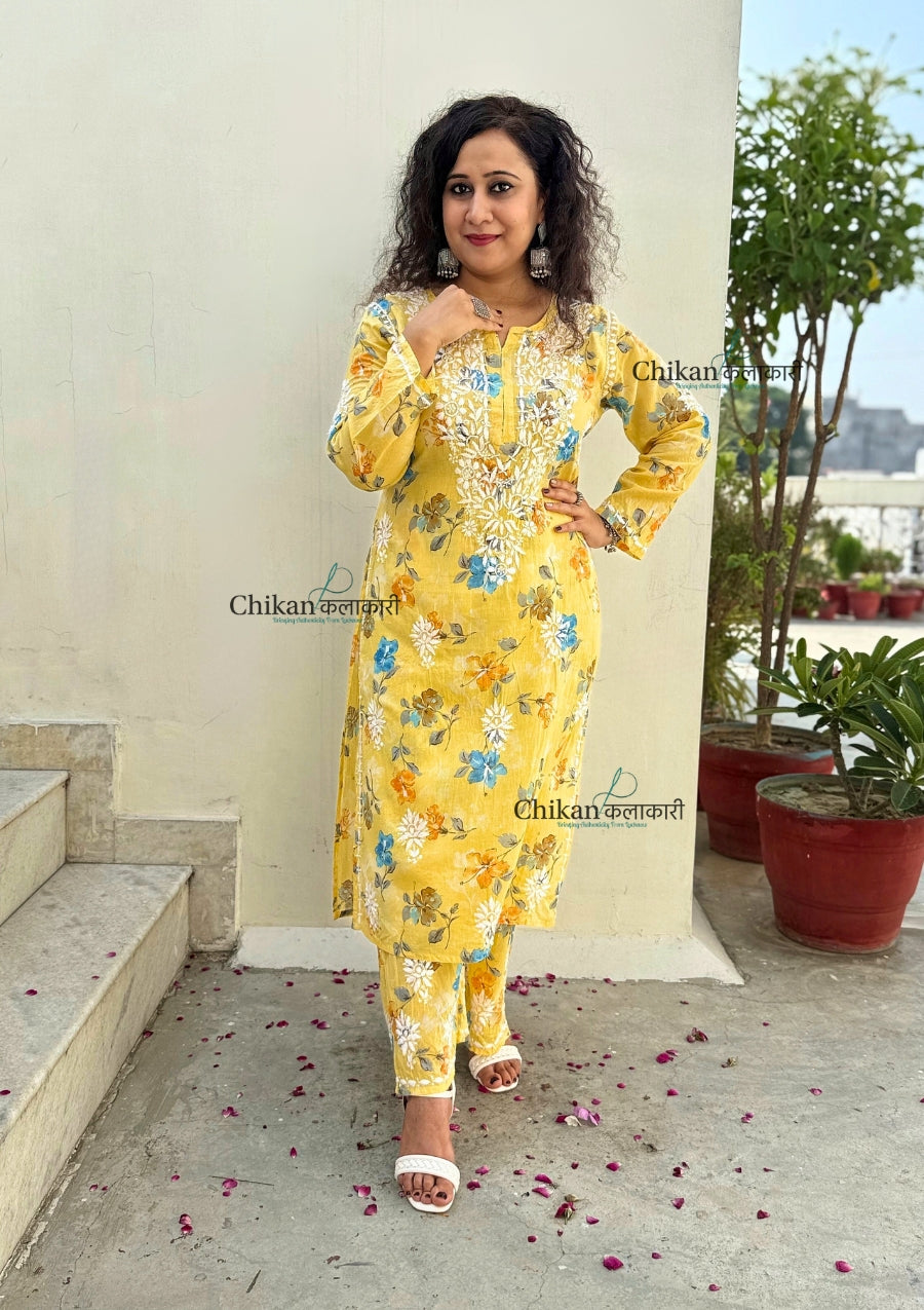 Vaani Mulmul Yellow Chikankari Kurti Set