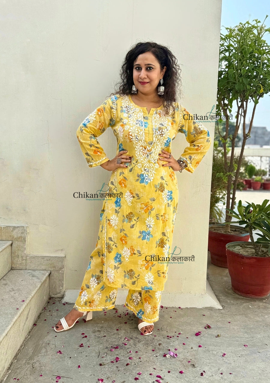 Vaani Mulmul Yellow Chikankari Kurti Set