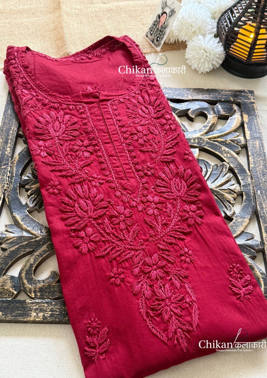 Veera Cotton Chikankari Kurti - Maroon