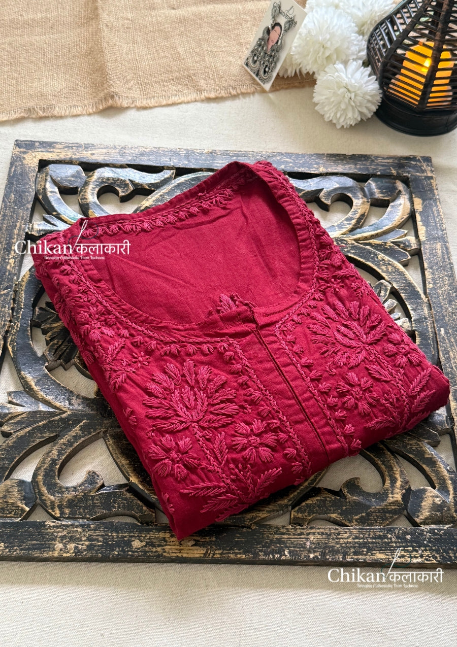 Veera Cotton Chikankari Kurti - Maroon