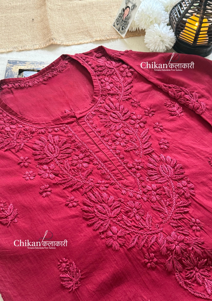 Veera Cotton Chikankari Kurti - Maroon