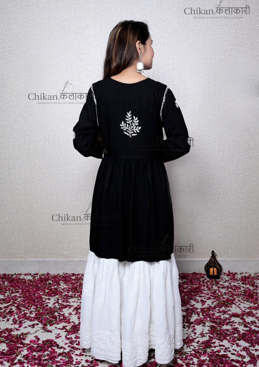 Yasmin Short Black Chikan Kurti | chikan curry kurti | lakhnavi kurti | lucknowi chikan kurta | chikankari short kurta