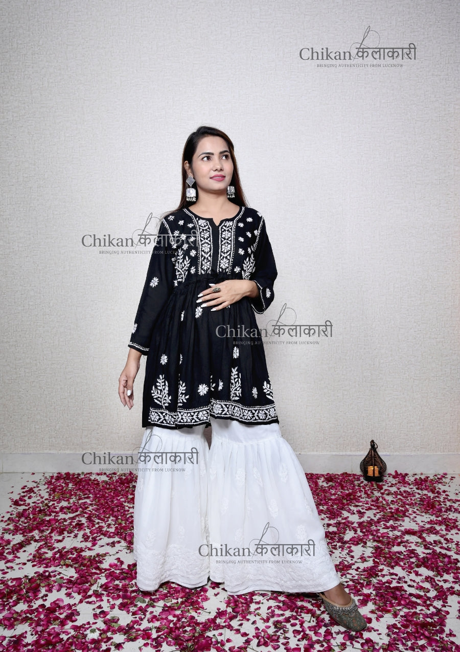 Yasmin Short Black Chikankari Kurti | chikan curry kurta | lakhnavi kurti | lucknowi chikan kurti | house of chikankari