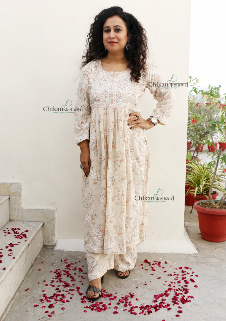 Zainab Mulmul Cream Nyra Chikankari Kurti Set