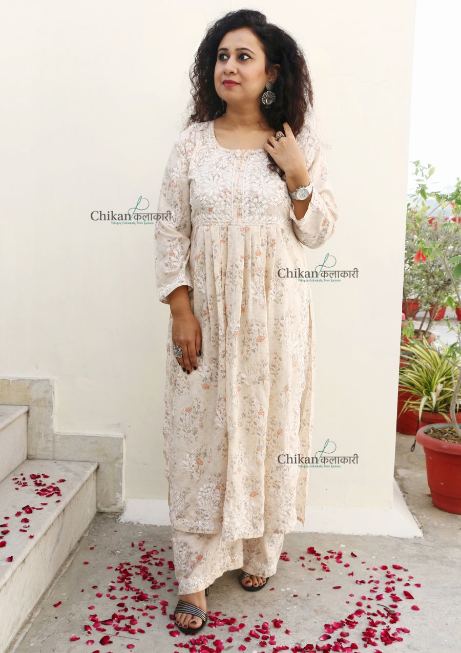 Zainab Mulmul Cream Nyra Chikankari Kurti Set