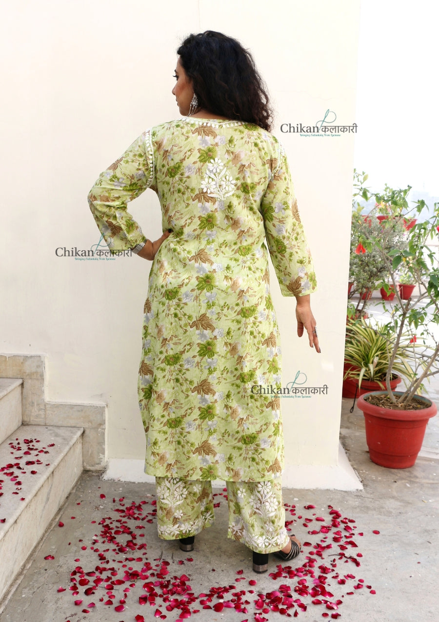 Zara Mulmul Green Chikankari Kurti Set