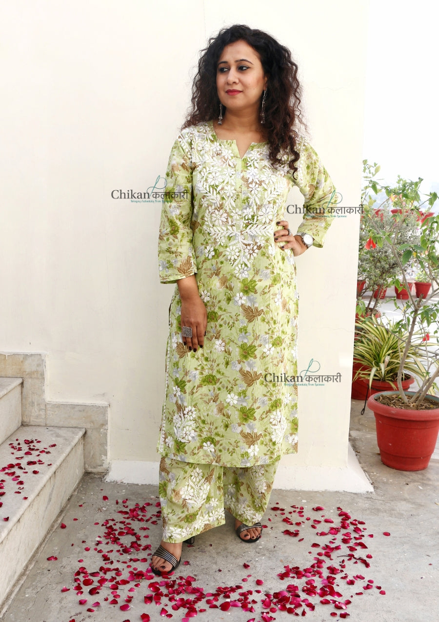 Zara Mulmul Green Chikankari Kurti Set