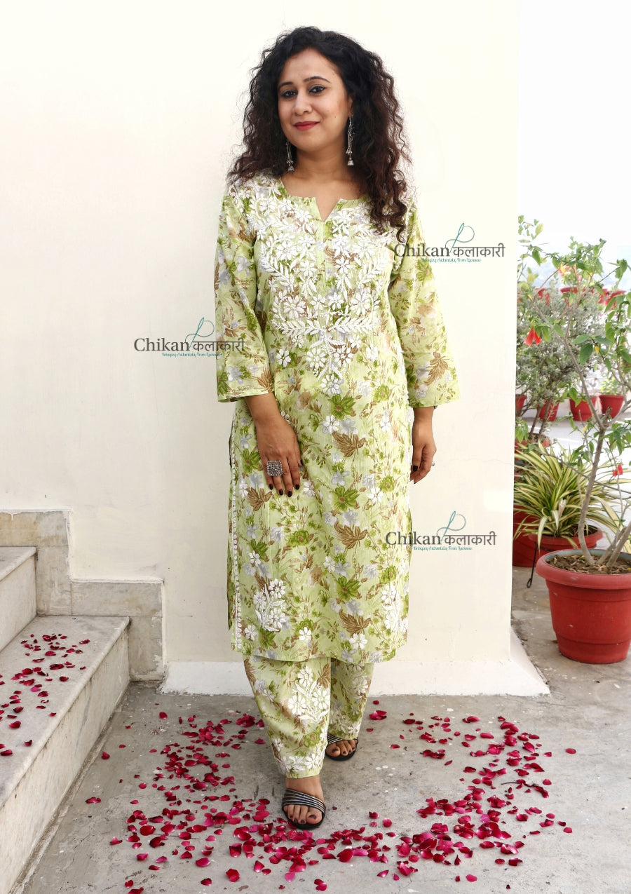 Zara Mulmul Green Chikankari Kurti Set