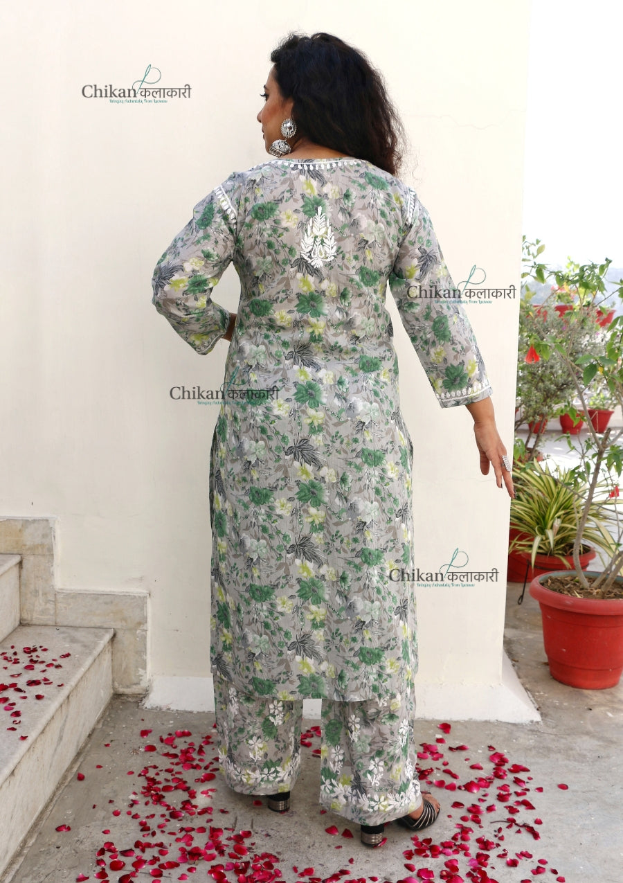 Zara Mulmul Grey Green Chikankari Kurti Set