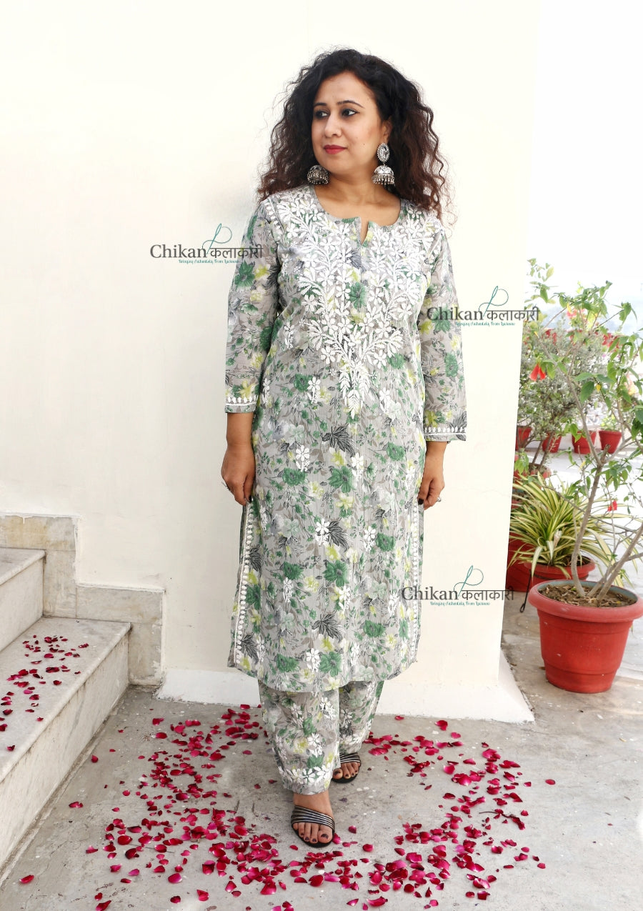 Zara Mulmul Grey Green Chikankari Kurti Set