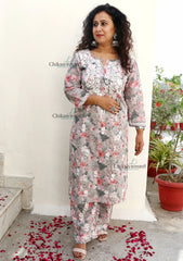 Zara Mulmul Grey Pink Chikankari Kurti Set