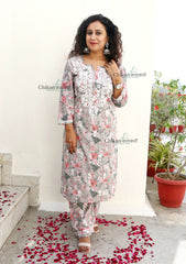 Zara Mulmul Grey Pink Chikankari Kurti Set