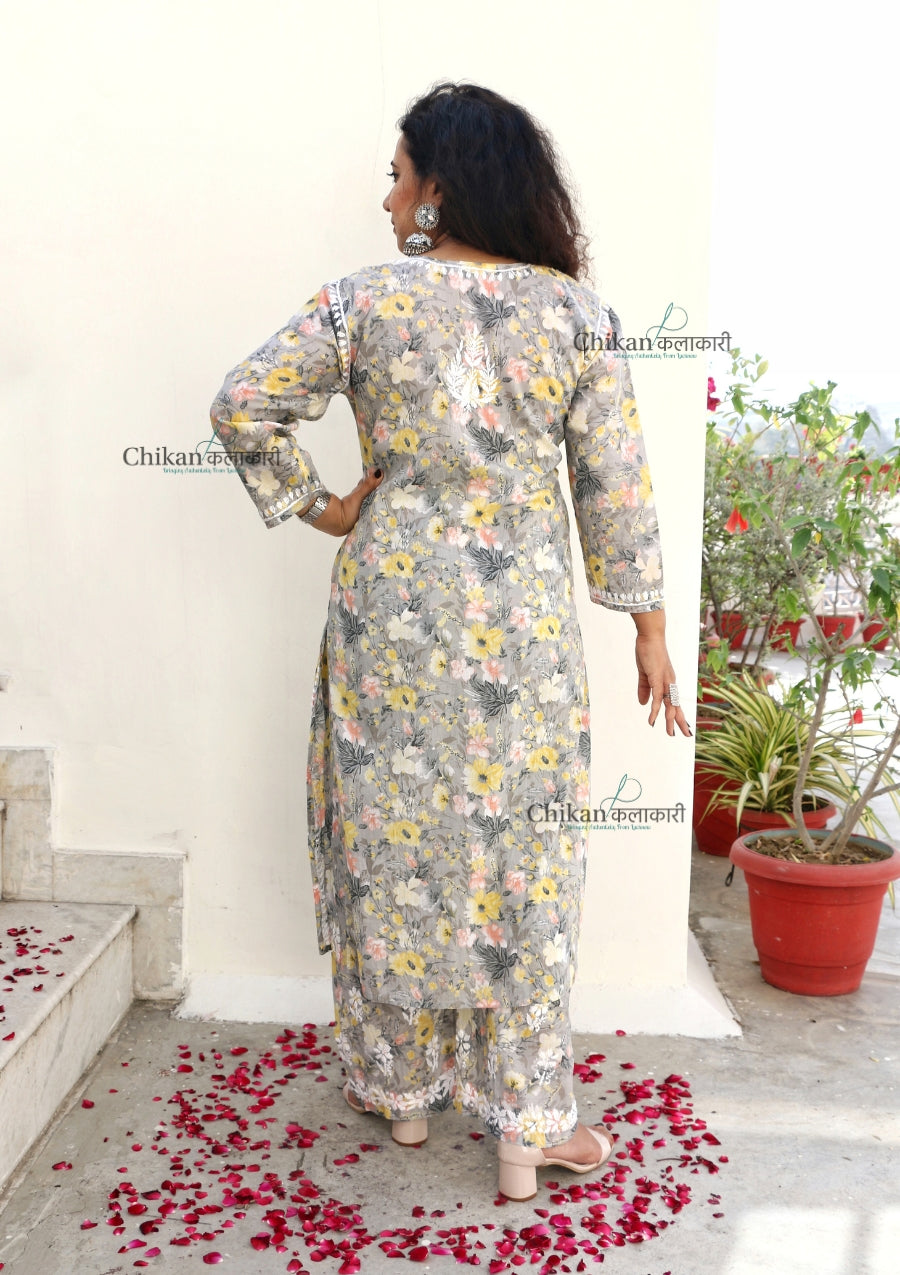 Zara Mulmul Grey Yellow Chikankari Kurti Set