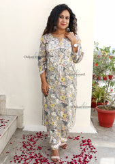 Zara Mulmul Grey Yellow Chikankari Kurti Set