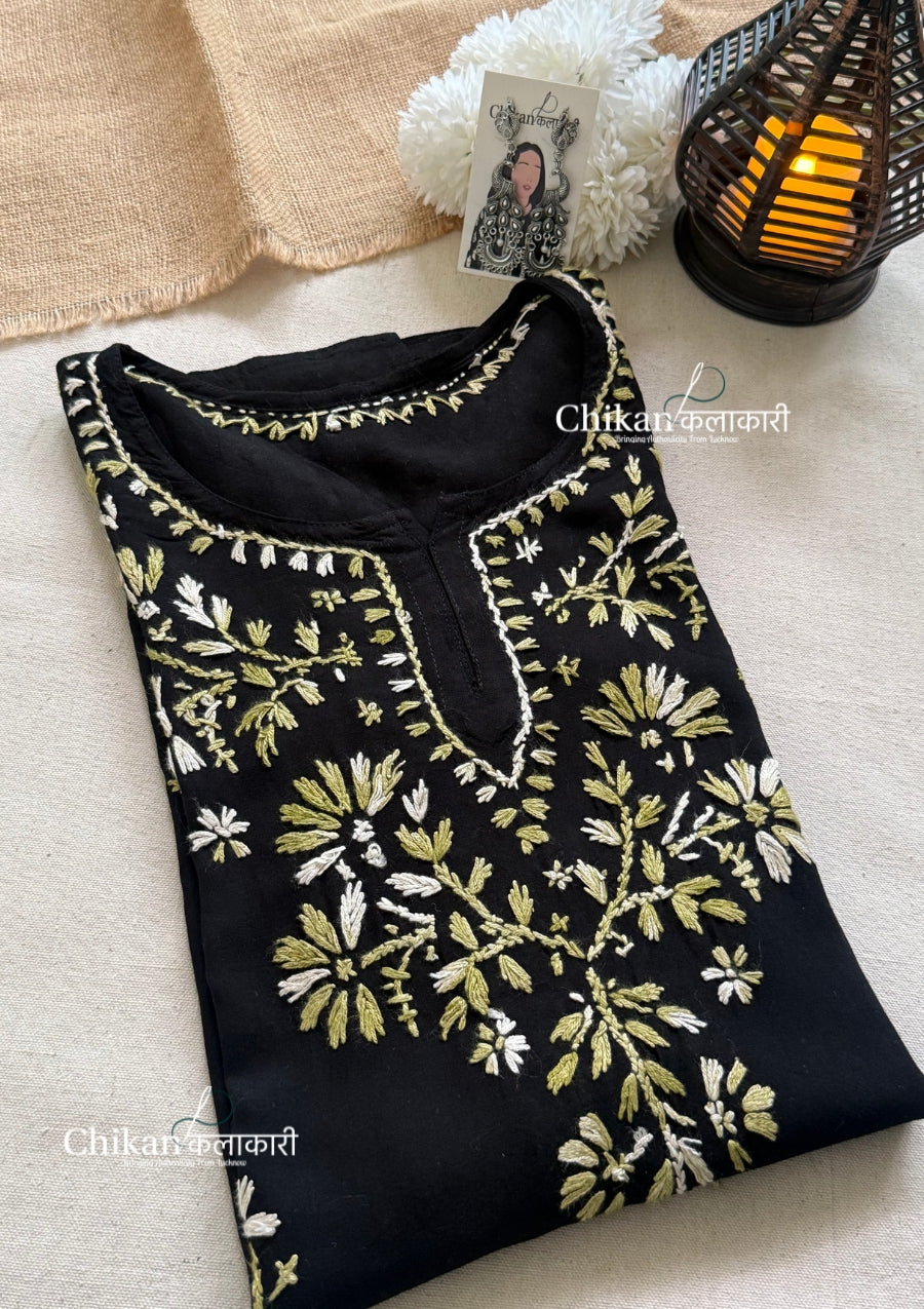Zara Rayon Black Short Chikankari Kurti - Green