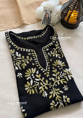 Zara Rayon Black Short Chikankari Kurti - Green