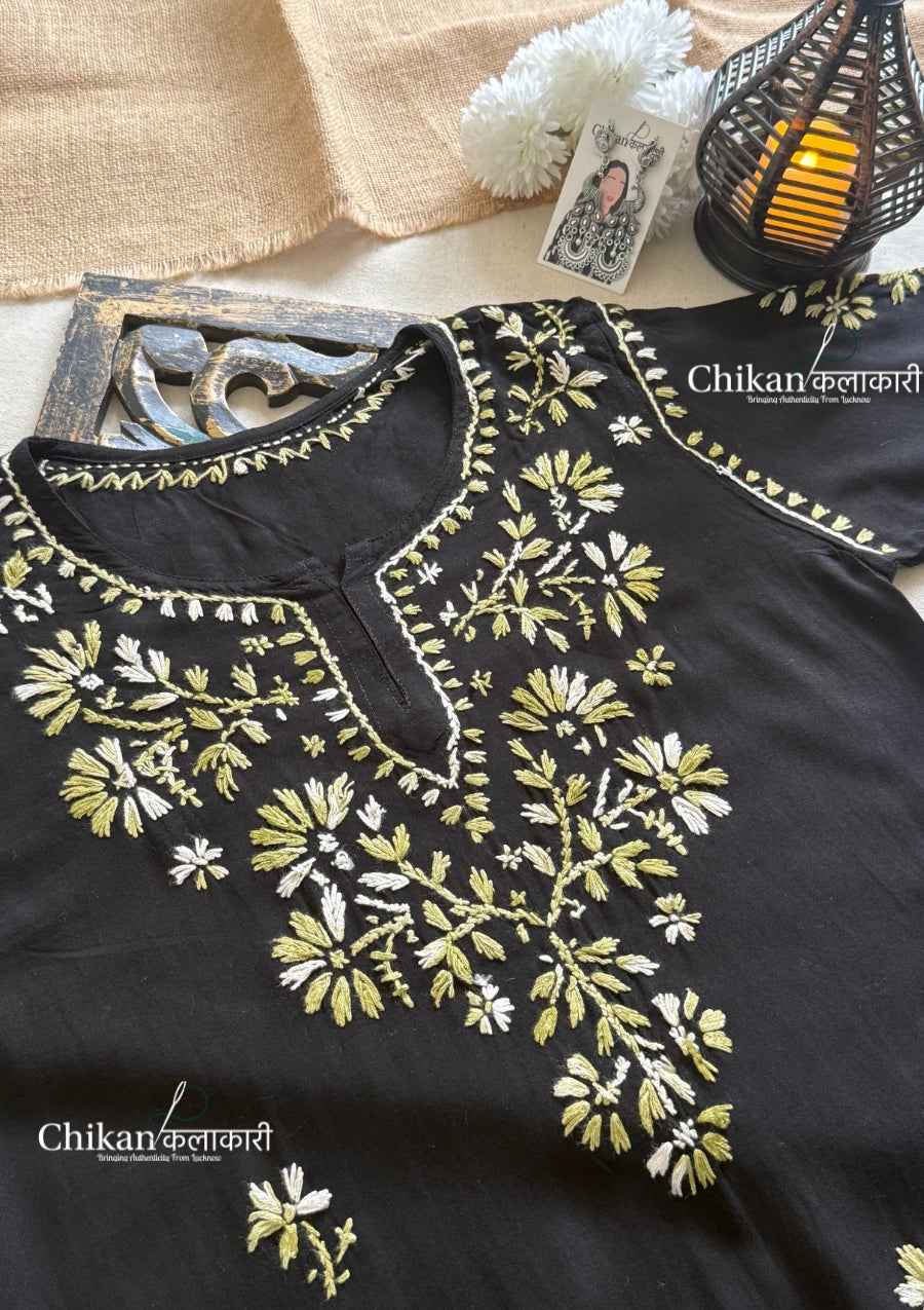 Zara Rayon Black Short Chikankari Kurti - Green