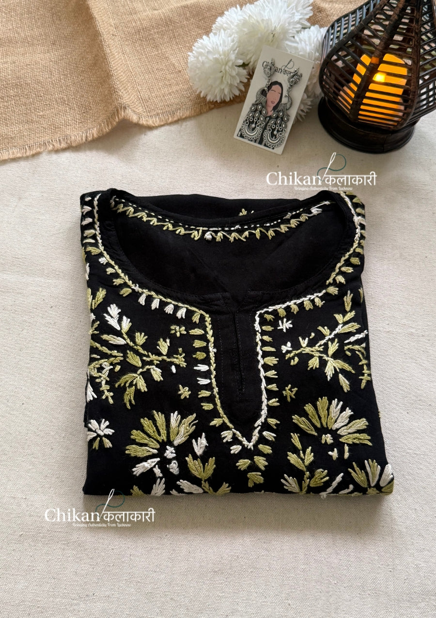 Zara Rayon Black Short Chikankari Kurti - Green