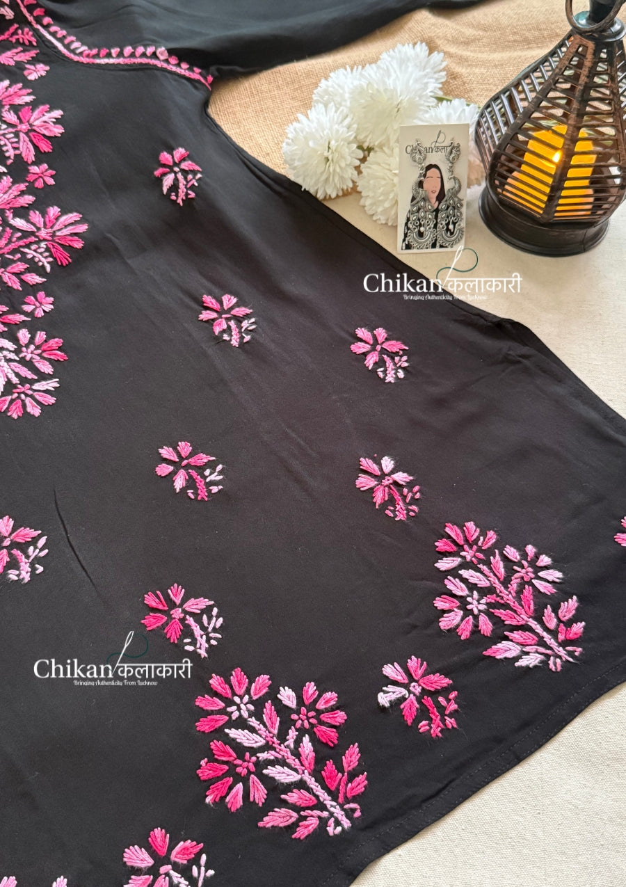Zara Rayon Black Short Chikankari Kurti - Pink