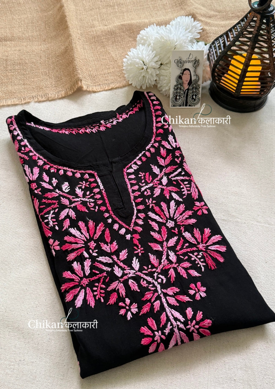 Zara Rayon Black Short Chikankari Kurti - Pink