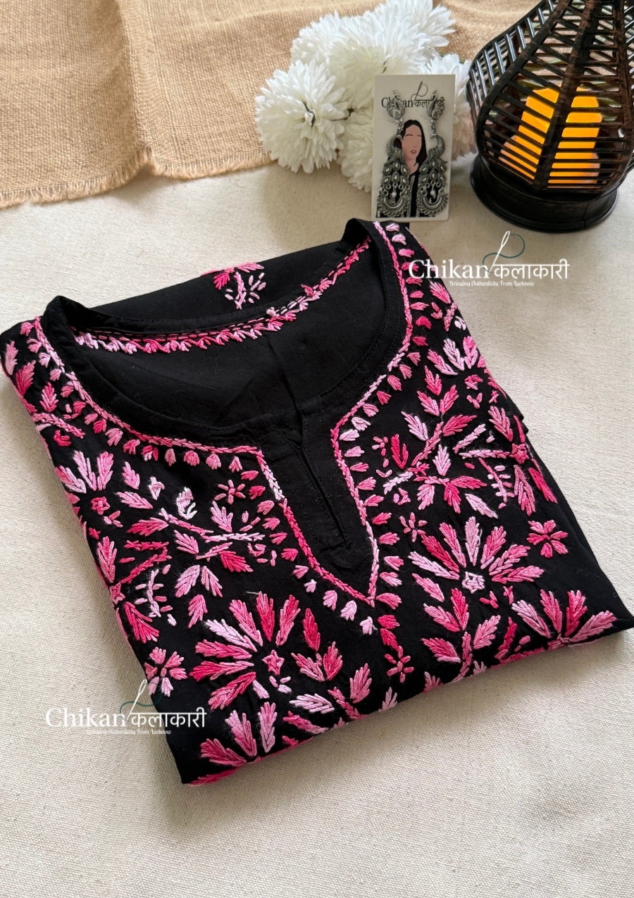 Zara Rayon Black Short Chikankari Kurti - Pink