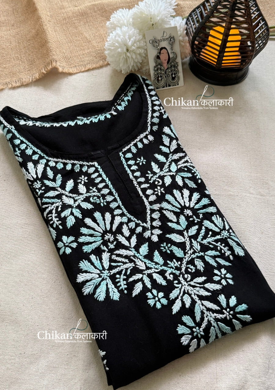 Zara Rayon Black Short Chikankari Kurti - Turquoise