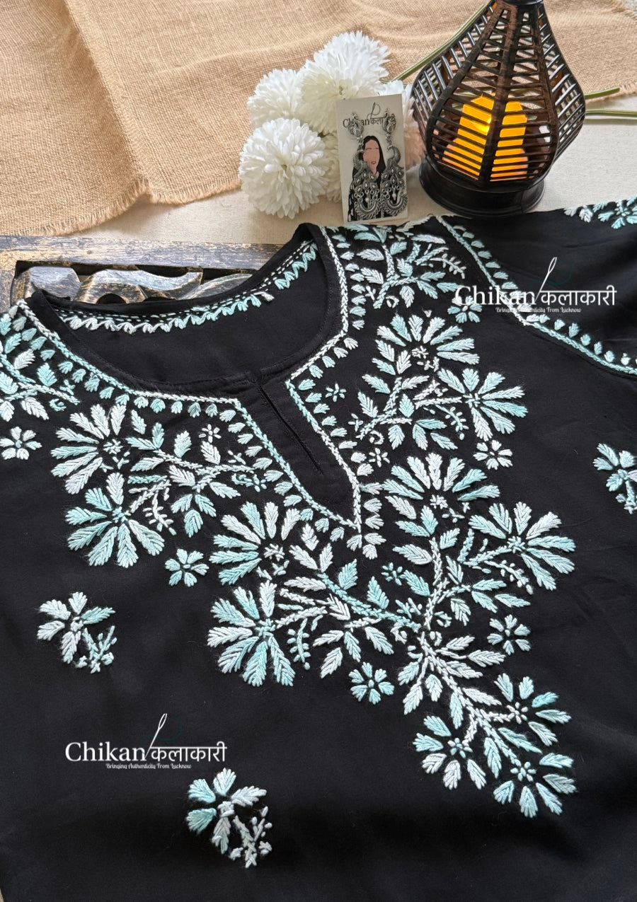 Zara Rayon Black Short Chikankari Kurti - Turquoise