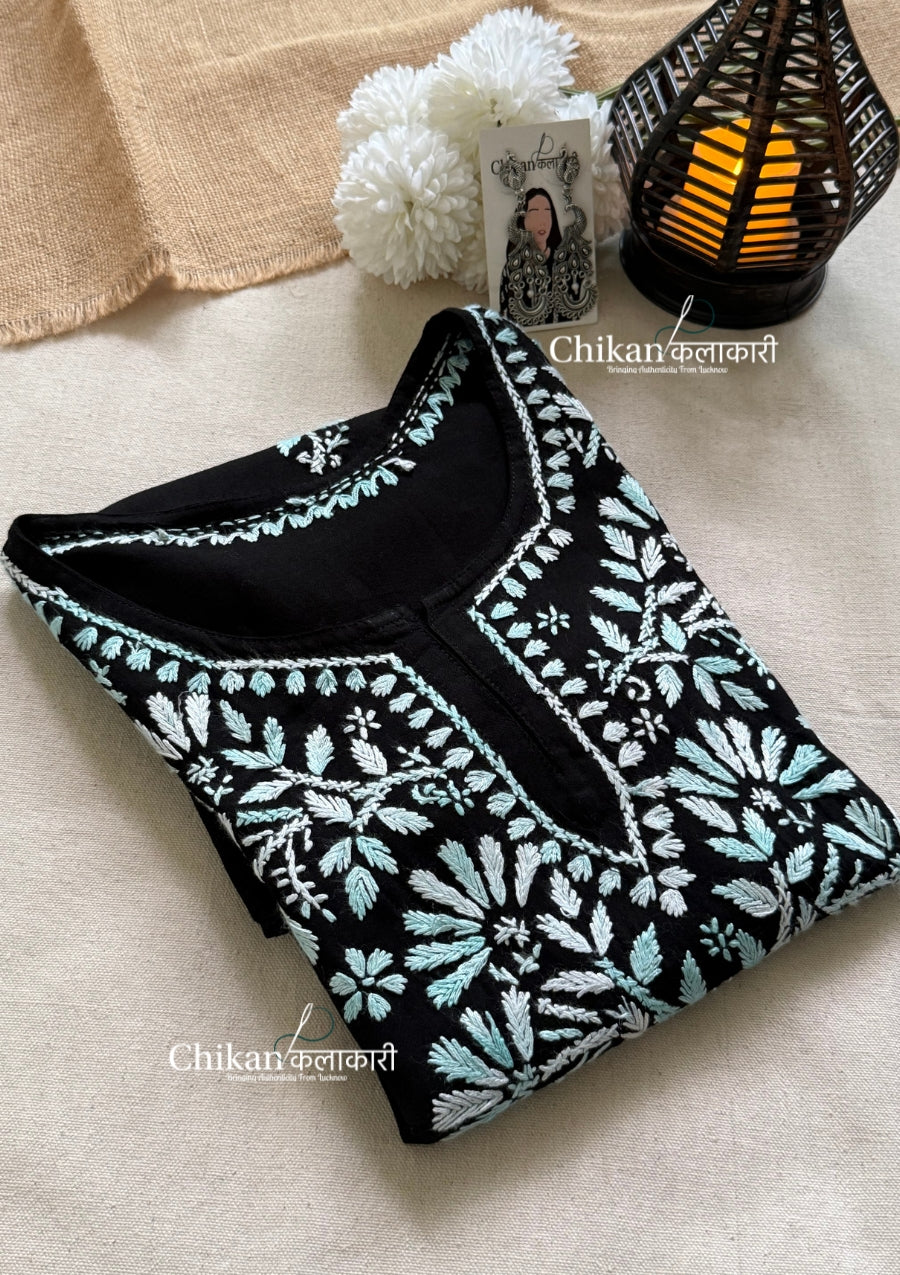 Zara Rayon Black Short Chikankari Kurti - Turquoise