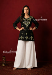 Zara Rayon Black Short Chikankari Kurti - Green
