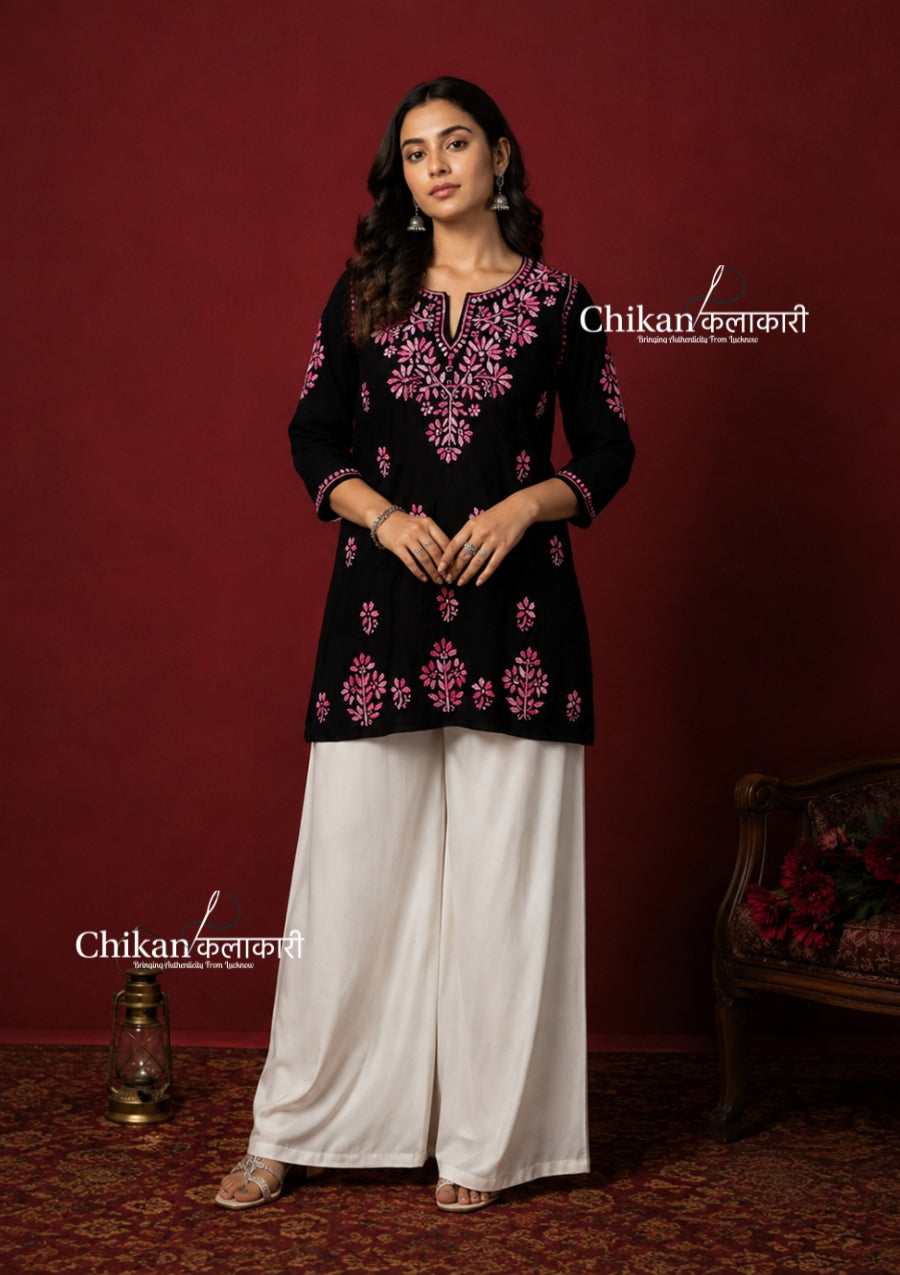 Zara Rayon Black Short Chikankari Kurti - Pink