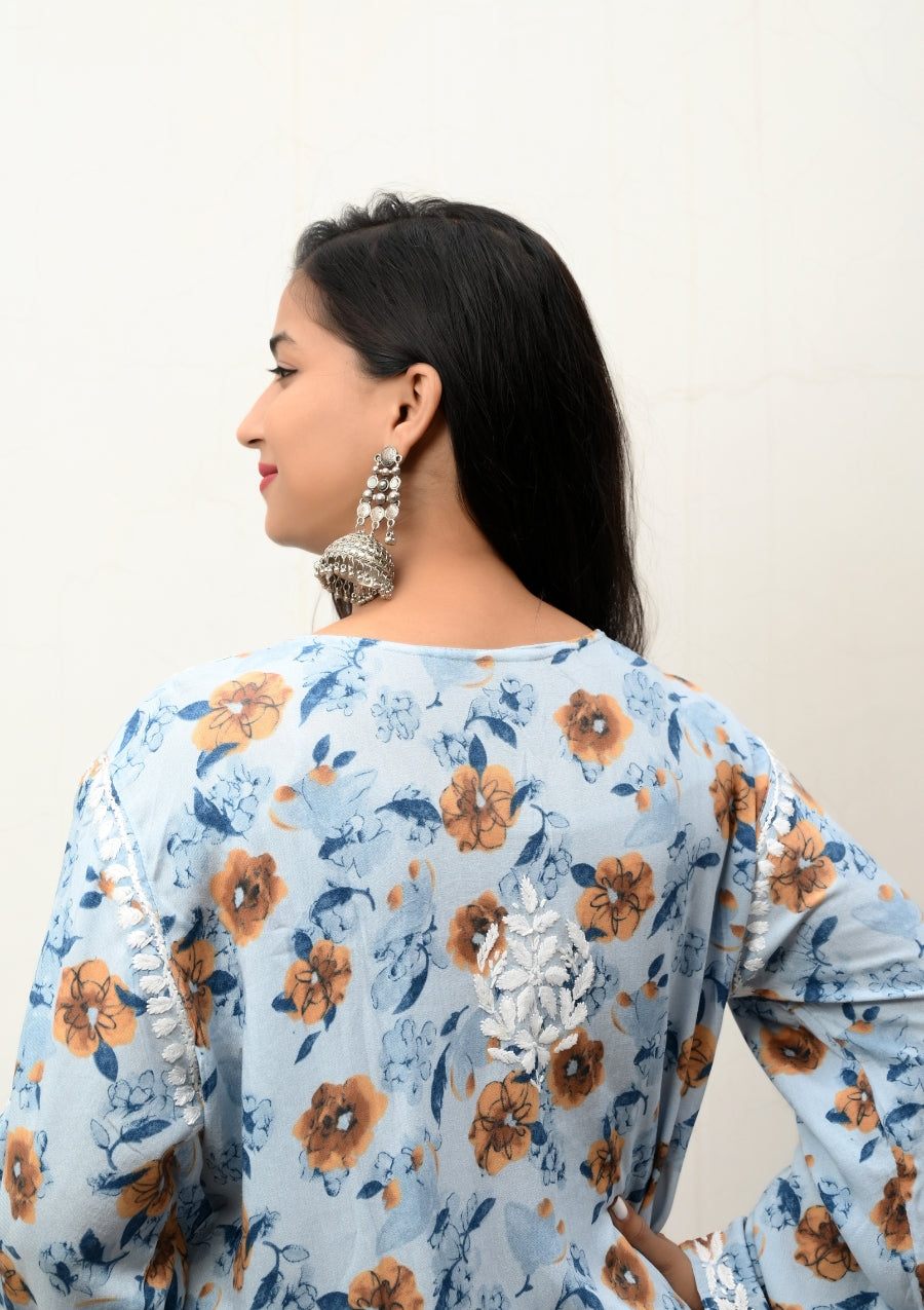 Zehra Printed Rayon Chikan Kurti | chikan curry kurta | lakhnavi kurti | lucknowi chikankari kurti | house of chikankari