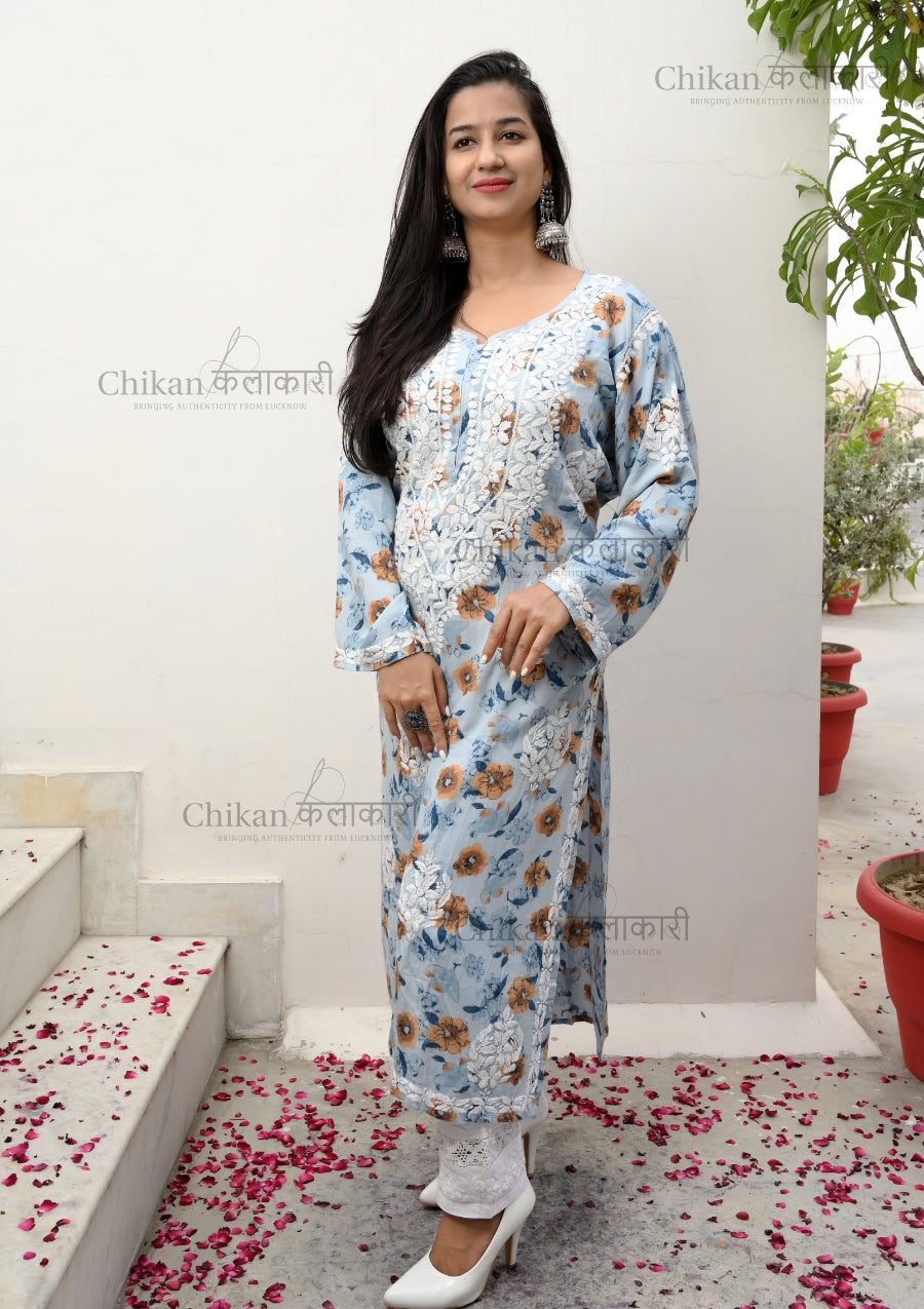 Zehra Printed Rayon Chikankari Kurti | chikan curry kurta | lakhnavi kurti | lucknowi chikan kurti | lakhnavi kurta