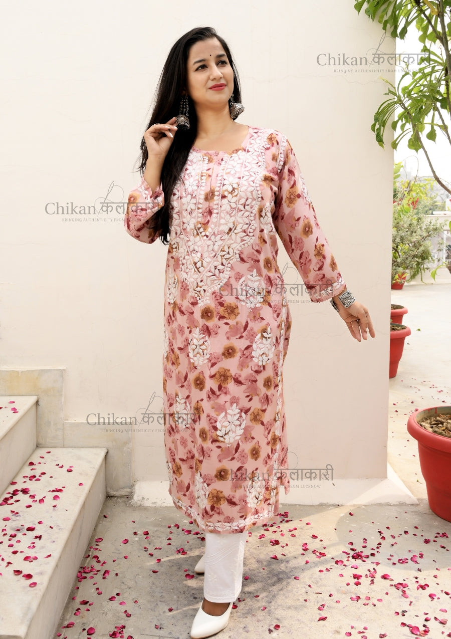 Zehra Printed Rayon Chikankari Kurti | chikan curry kurta | lakhnavi kurti | lucknowi chikankari kurta | house of chikankari