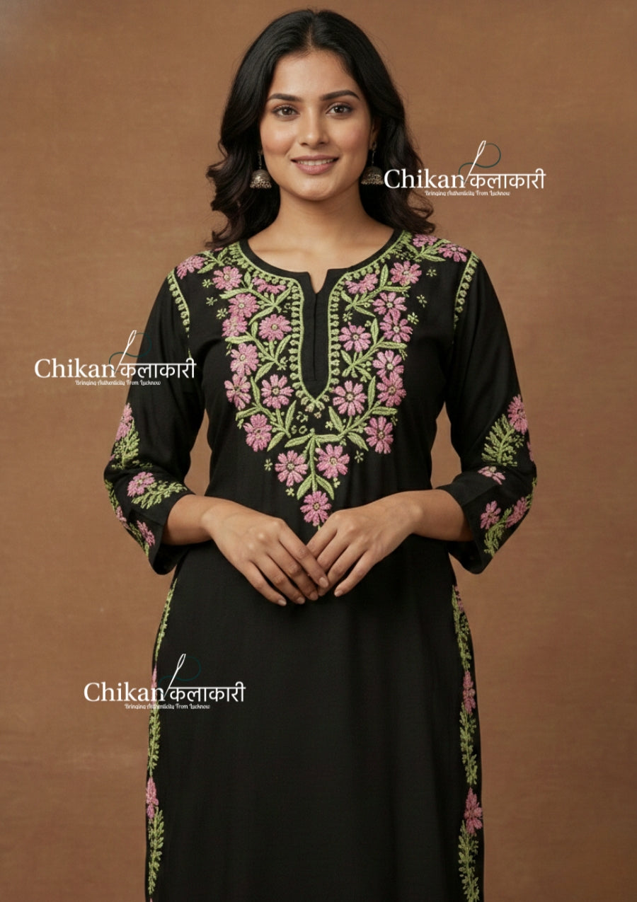 Ziva Rayon Chikankari Kurti Set - Black