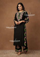 Ziva Rayon Chikankari Kurti Set - Black