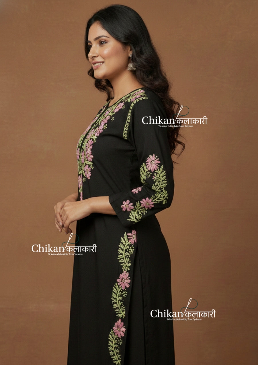 Ziva Rayon Chikankari Kurti Set - Black