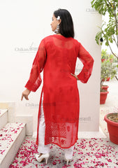 Zoya Red Georgette Lucknowi Chikan Kurta | chikan curry kurti | lakhnavi kurti | lucknow chikan kurti | house of chikankari