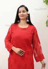 Zoya Red Georgette Lucknow Chikan Kurti | chikan curry kurti | lakhnavi kurti | lucknowi chikankari kurta