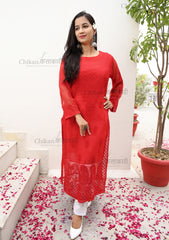 Zoya Premium Red Georgette Chikankari Kurti | chikan curry kurti | lakhnavi kurti | lucknowi chikankari kurta | house of chikankari